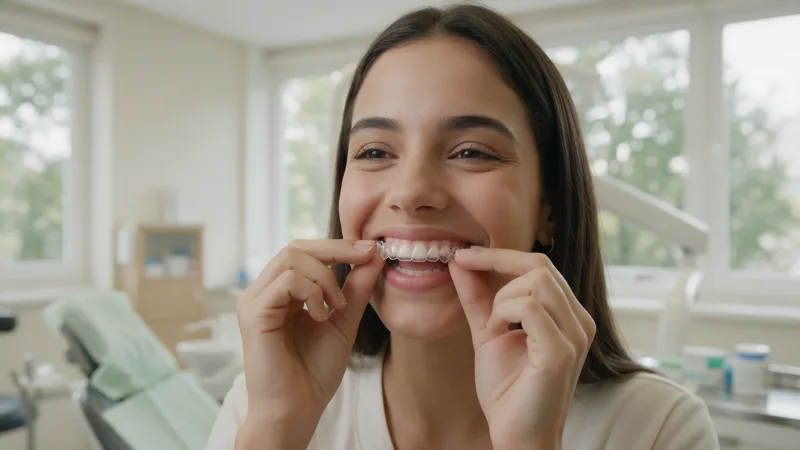 Paciente sorridente encaixa o alinhador transparente nos dentes superiores no consultório de ortodontia