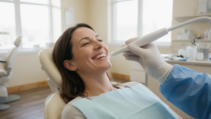 Como Funciona o Invisalign? O Passo a Passo Completo 1 Paciente sorridente na cadeira durante o escaneamento intraoral, sem moldagem com massa