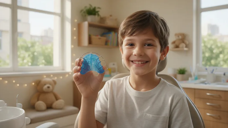 Menino sorridente mostra o aparelho móvel infantil azul no consultório