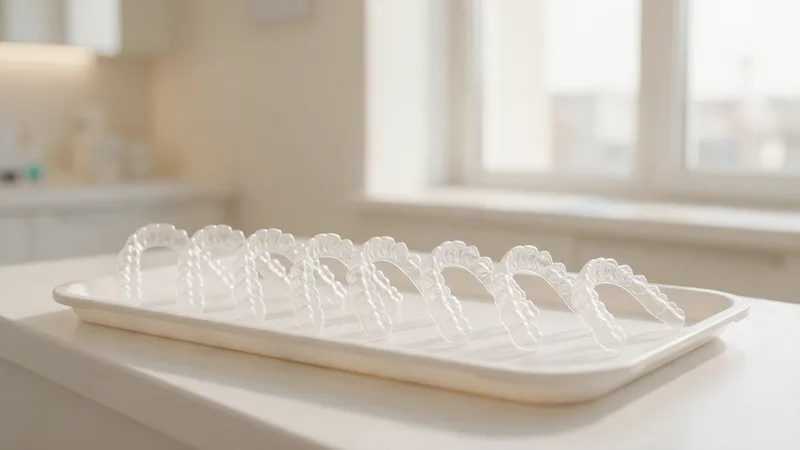 Quanto Custa o Invisalign em Maringá? Entenda o Investimento 1 Sequência de alinhadores transparentes enfileirados numa bandeja branca, um para cada etapa do tratamento