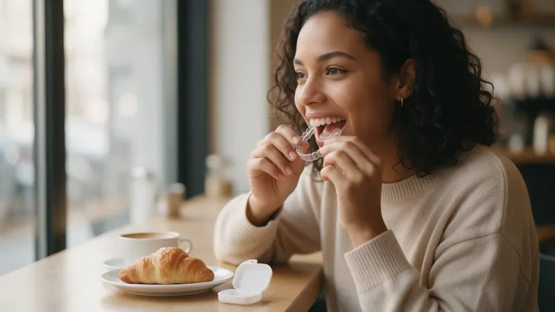 Mulher tira o alinhador transparente antes de comer, com o estojo aberto sobre a mesa do café